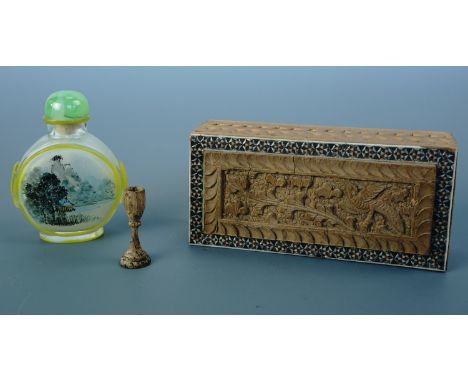 A small Indian sandalwood and sadeli box containing a turned palm wood miniature goblet, circa 1940s, together with a Chinese