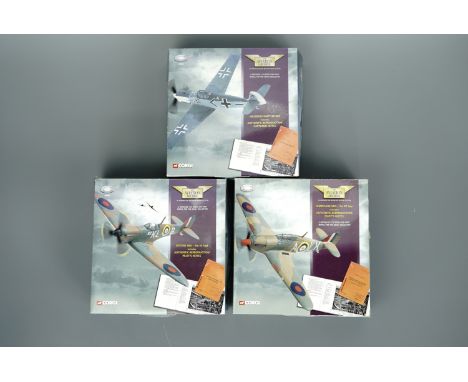 Three Corgi Aviation Archive 1:72 scale Model aircraft, comprising of a Spitfire MK1 No 54 Squadron, a Hurricane MK1 No 87 Sq