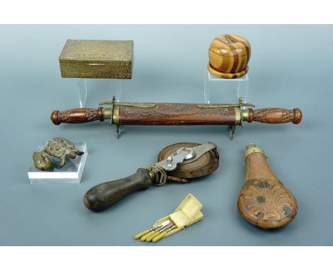 Sundry collectors' items including a vintage surveyor's Rabone steel tape measure, a copper powder flask, pocket manicure set
