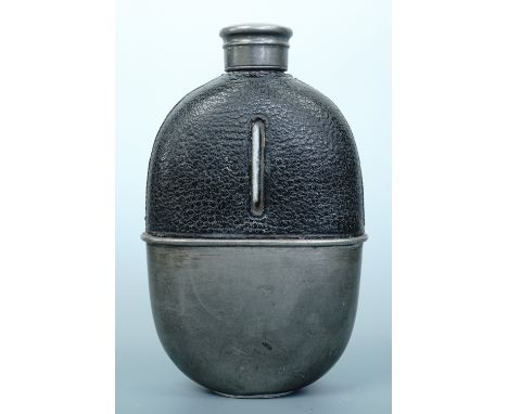 A Victorian pewter-mounted and leather-covered glass hip flask, 13.5 cm