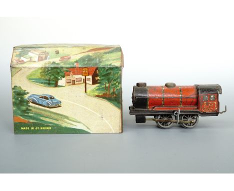 A Chad Valley tin plate clockwork Locomotive, 14 cm long, together with a tin plate Railway tunnel, 16 cm long