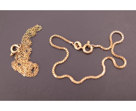 A 9 ct gold fine box-link bracelet together with a yellow metal neck chain, (latter a/f), 2.3 g