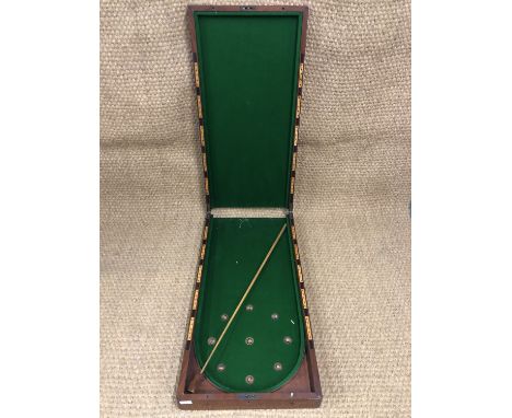 A Victorian mahogany folding table-top bagatelle board, 48 x 99 x 13 cm high (closed)