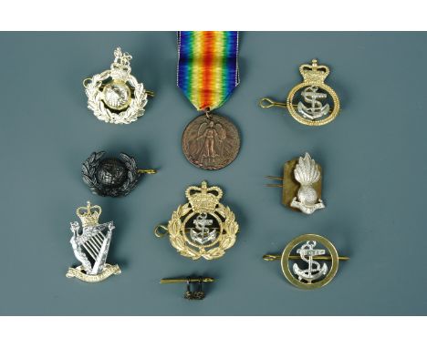 Staybrite and other British army, Royal Marines and Royal Navy cap badges together with a replica Great War Brazilian Allied 