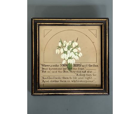 A Victorian pen and ink manuscript memento mori, with central watercolour study of snowdrops, framed under glass, 24 x 24 cm