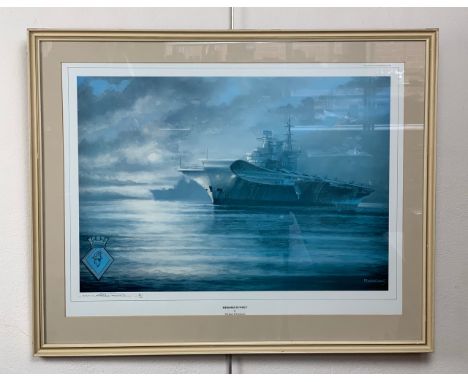 After Michael Whitehead (contemporary) "Hermes Sunset", a study of HMS Hermes, signed limited edition print, in card mount an