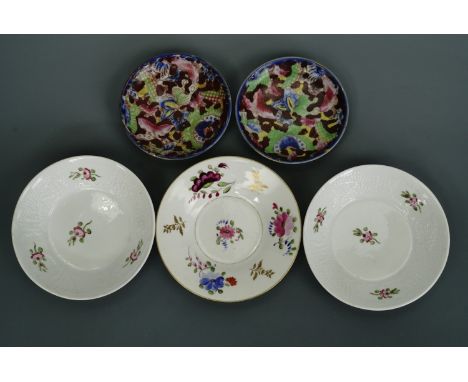 Three 19th Century hand-enamelled porcelain saucers attributed to New Hall, together with two further transfer-printed and ha