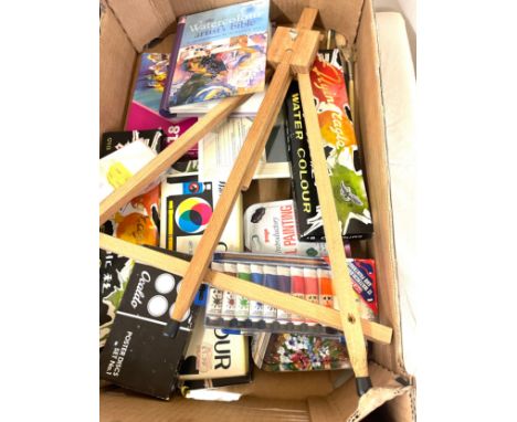 Selection of artist equipment to include easel, oils, books etc 