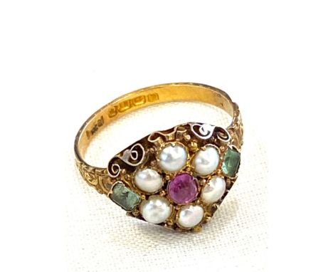 Antique 18ct Ruby, pearl and stone set ladies dress ring, approximate ring size K/L, approximate weight 2.2g, engraving: M P 