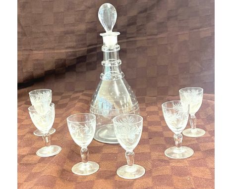 Georgian 3 ring neck liqueur decanter with star cut decoration, set of 6 liqueur drinking glasses