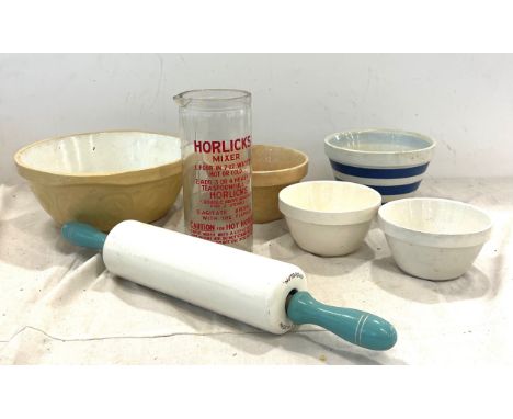 Vintage mixing bowls, nutbrown rolling pin, horlicks mixing glass, 