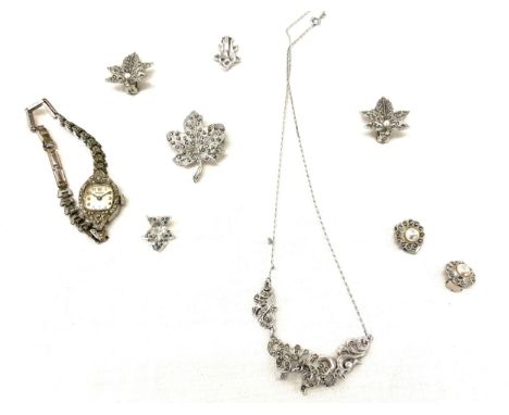 Selection of marcasite jewellery includes cocktail ring, earrings etc 