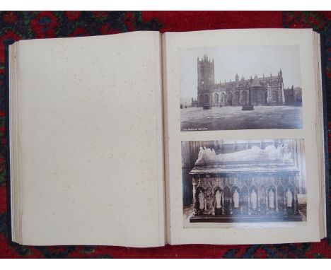 A leather bound album of circa 1900 photographs depicting ecclesiastical, coastal and architectural scenes