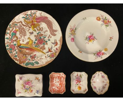 A Royal Crown Derby Royal Antoinette pattern oval trinket tray, first quality; a Red Aves and a Posies trinket tray, first qu