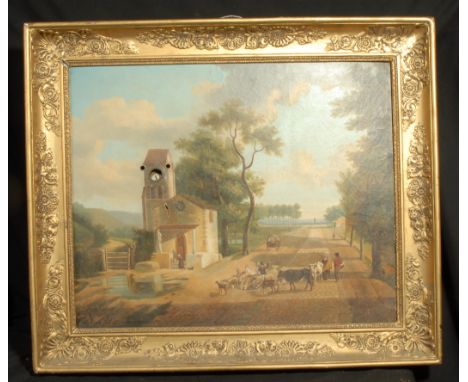 A 19th century Continental novelty landscape 'automaton' musical clock, the picture painted with a North European townscape, 