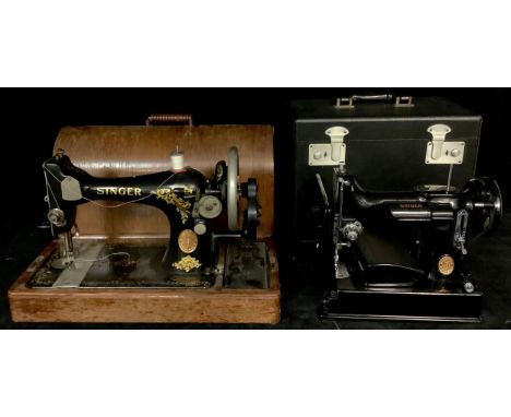 A Singer sewing machine, Sewing Motor, CAT. C.A.K. 6-12, 230-250 volts, serial number EE576711, cased with foot pedal; a Sing