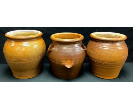 A pair Errington Raey salt glazed stoneware jardinières, 33cm; a similar strawberry planter, 32.5cm (3) 