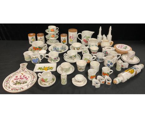 A Portmeirion Botanic Garden pattern cruet set on wooden tray, rolling pin, pair of plates; other similar Portmeirion pattern