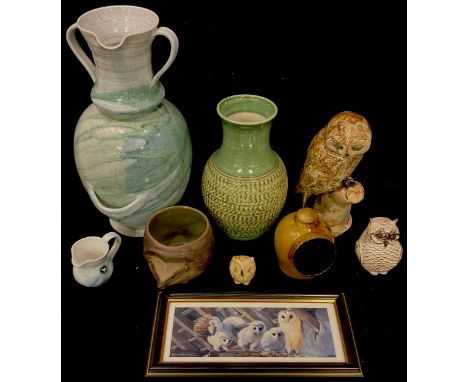 A large John Bourdeaux, Isles of Scilly, art pottery amphora jug, 50cm; a John Bourdeaux art pottery model of an owl perched 
