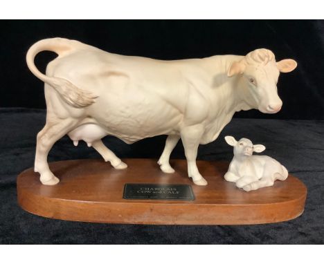 A Beswick Connoisseur model, Charolais Cow and Calf, oval mahogany stand, 33cm 