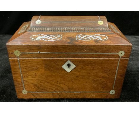 A 19th century rosewood and mother of pearl inlaid sarcophagus tea caddy, ring handles to side, bun feet, 24cm wide over hand
