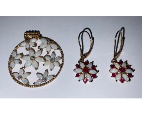 A 9ct gold openwork pendant, set with an arrangement of polished opal flowerheads, 3cm diameter, 3.3g, boxed; a pair of 9ct g