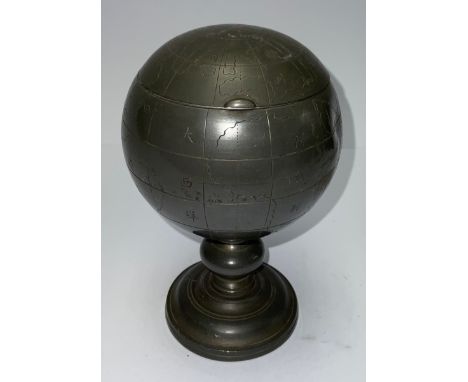 A Chinese paktong pewter spherical pedestal globe caddy, hinged cover, interior cannister with cover, impressed character mar