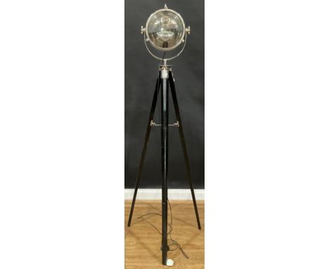 Interior Decoration - a contemporary retro design floor standing lamp, as a spotlight, in chrome, ebonised tripod stand, appr