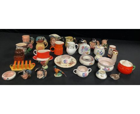 A Carlton Ware novelty owl salt pot; a similar stylized face pepper pot; Carlton Ware toast rack, sauce boat on stand, ribbed