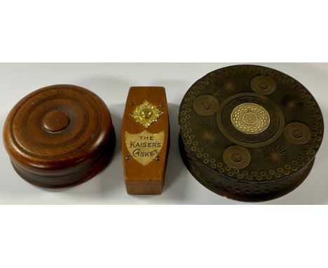 Treen - a 19th century turned mahogany snuff box; a 19th century engine turned table snuff box; a World War I propaganda mone