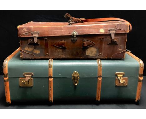 A steamer trunk, with assorted Cunard Line stickers; a brown leather case (2) 