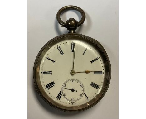 A late 19th century continental silver open face pocket watch, white enamel dial, Roman numerals, subsidiary seconds dial, th