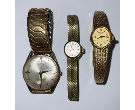 A lady's gold plated Rotary watch, baton indicators with Roman numerals to quarters, integral bracelet strap, boxed; a lady's