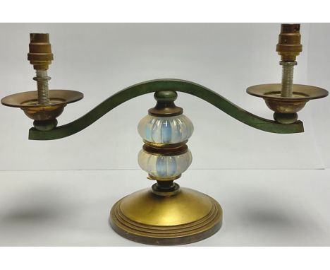 An Art Deco verdigris patinated brass and opaline glass two-branch table lamp, c.1935 