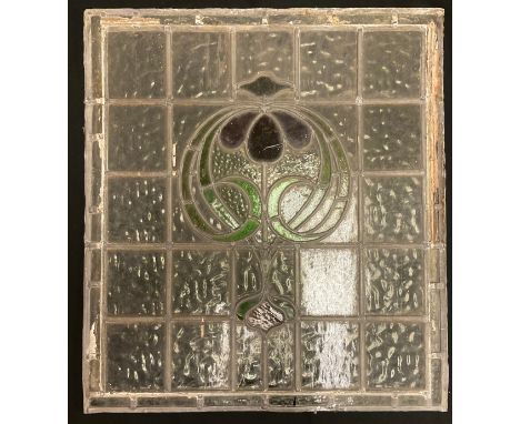 Architectural Salvage - an Art Nouveau rectangular leaded stained glass panel, 68cm x 61cm 