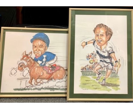 Ray Allen (contemporary) Lester Piggott, Caricature, sketch and wash, signed and dated 94, 76cm x 106cm, framed; another, Joh