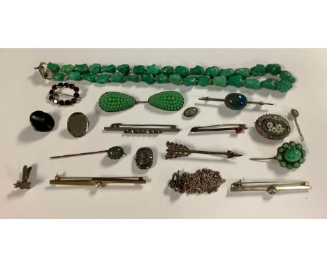 A turquoise bead necklace, silver filigree clasp; a 19th century rectangular brooch set with garnets; an Italian micro-mosaic