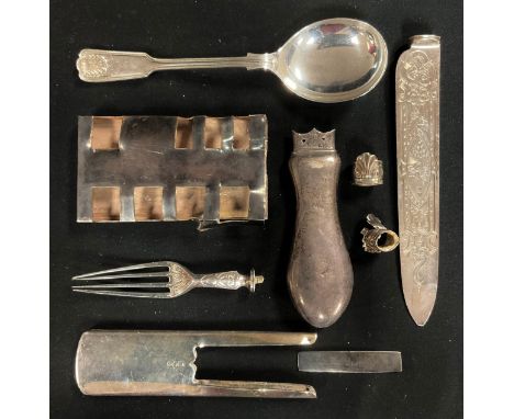 An Elizabeth II silver Kings pattern dessert spoon, Sheffield 1967; a Victorian silver knife blade and fork head, Sheffield 1