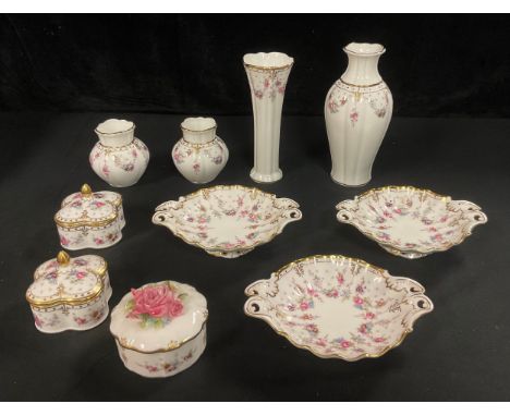 A Royal Crown Derby Royal Antoinette pattern inverted baluster vase, 18cm; others, fluted vase, 17cm; a set of three two-hand