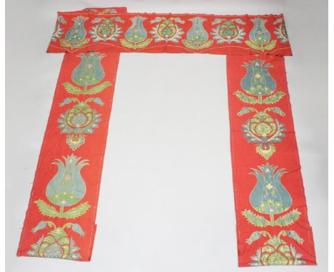 A THREE-PIECE SET OF UZBEK DOOR SURROUND EMBROIDERED TEXTILES, each piece embroidered with decorative floral motifs, (3).