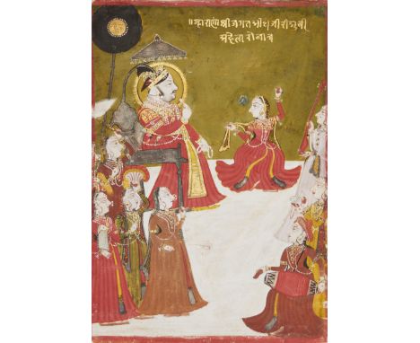 A portrait of Jagat Singh II of Mewar (1734-1751) watching a Nautch, Mewar, Rajasthan, India, circa 1760, gouache heightened 