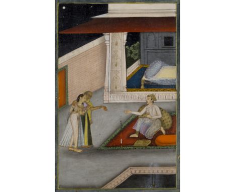 A young woman led to a prince's bedchamber, Oudh, Lucknow, North India, late 19th century, opaque pigments on paper heightene