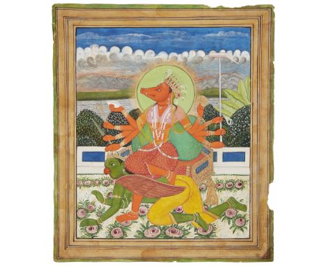 Varaha seated on Garuda, Rajasthan, North India, late 19th century, opaque pigments heightened with gold on paper, the third 