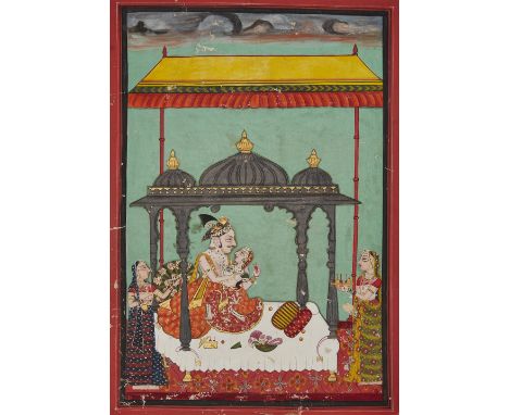 A ruler and courtesan in a pavilion, Mewar, Rajasthan, North India, late18th century, opaque pigments on paper heightened wit
