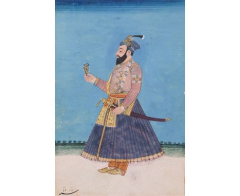 A portrait of a prince, Deccan, North India, spuriously dated lower right 1016AH/1607AD,18th century, opaque pigments on pape