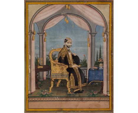 A painting of a prince, Jaipur, North India, circa 1890, gouache on paper heightened with gold, shown on a terrace under a co