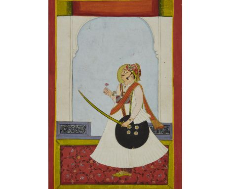 A standing portrait of a Maharaja, Jodhpur, Rajasthan, circa 1840, opaque pigments on paper, depicted standing and facing lef