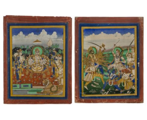 Two illustrations from a Ramayana; Durga enthroned and Siva in battle, Jaipur, North India, 19th century, opaque pigments hei