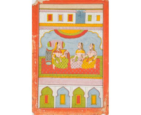 Women on a terrace, Jodhpur, India, 19th century, opaque pigments on paper, depicting a female courtesan and two attendants s