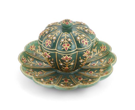 A Mughal-style jade lidded bowl and saucer, India, 20th century, with gold kundan work set with semi-precious stones, saucer 